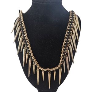 Edgy Gold Tone Spike Statement Necklace Black Woven Chain